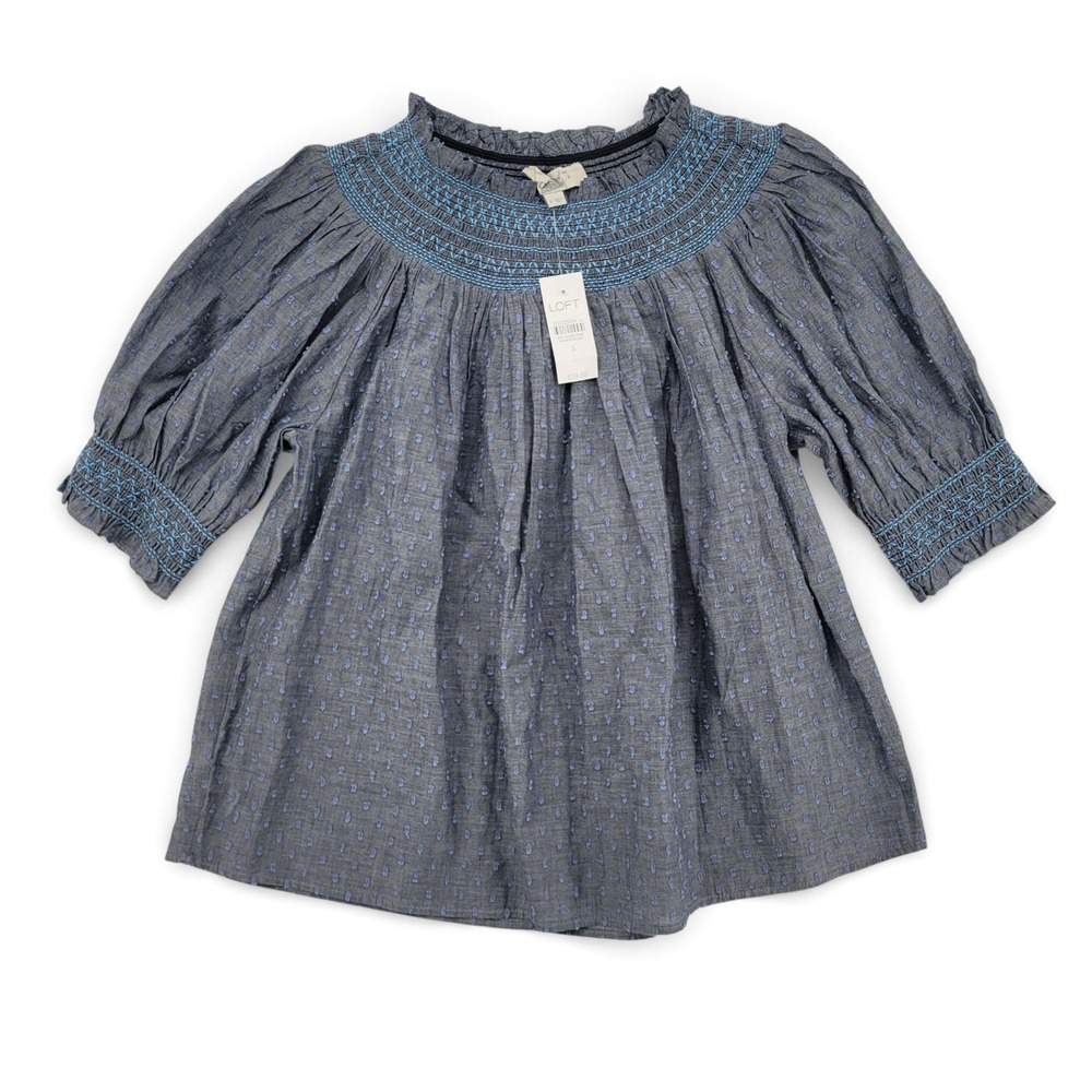 LOFT Womens Small Blouse Cotton Blue Smocked Peasant Puff Sleeve‎ NWT